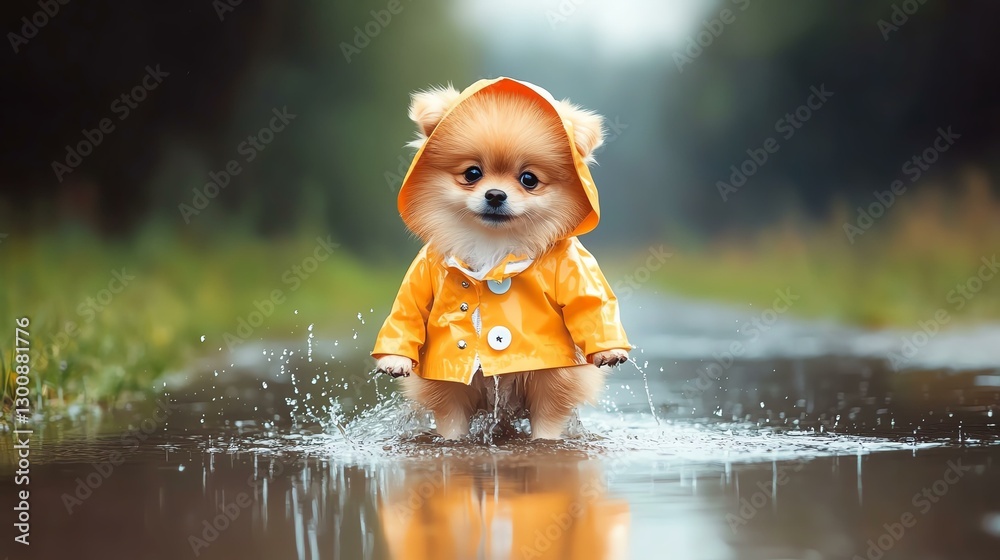 Fototapeta premium Cute Pomeranian dog wearing yellow raincoat splashing in puddles outdoors.
