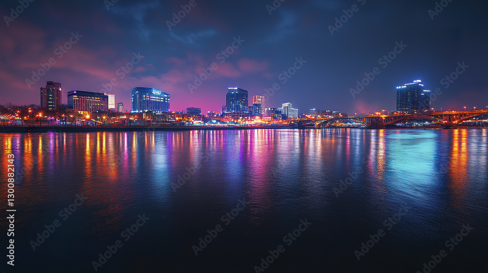 Obraz premium vibrant city skyline at night with colorful reflections on water