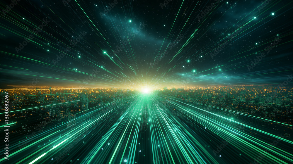 Obraz premium vibrant digital landscape showcasing beams of green light radiating outward, creating sense of depth and motion. scene evokes futuristic atmosphere with starry sky above