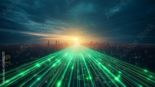 futuristic city skyline illuminated by green light beams stretches towards vibrant sunset. scene conveys sense of technological advancement and energy