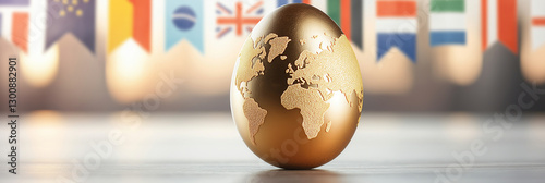 Golden Easter egg featuring world map, surrounded by flags, symbolizes global unity and celebration. This vibrant image captures essence of international festivities