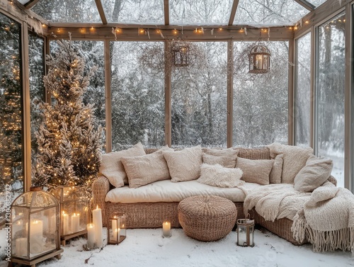 A winter scene shows snow covered trees and an indoor seating area