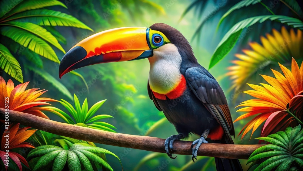Fototapeta premium Childlike Toucan Illustration, Jungle Bird Photography, Colorful Bird, Funny Toucan, Big Beak Bird