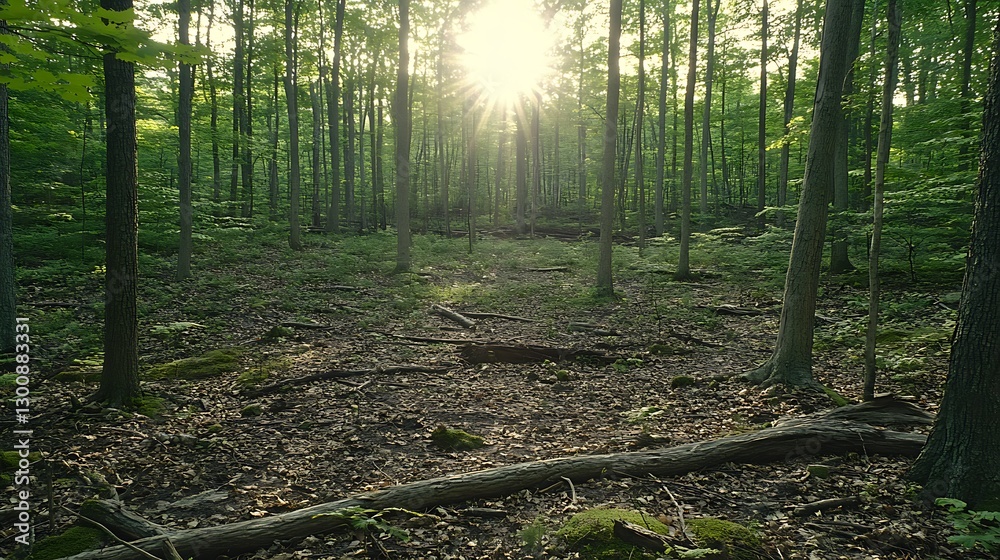 Obraz premium Sunlight filtering through a lush green forest canopy in the morning