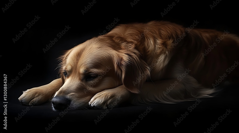Calm golden retriever lying on dark background high resolution picture Calm golden retriever lying on dark background high resolution picture