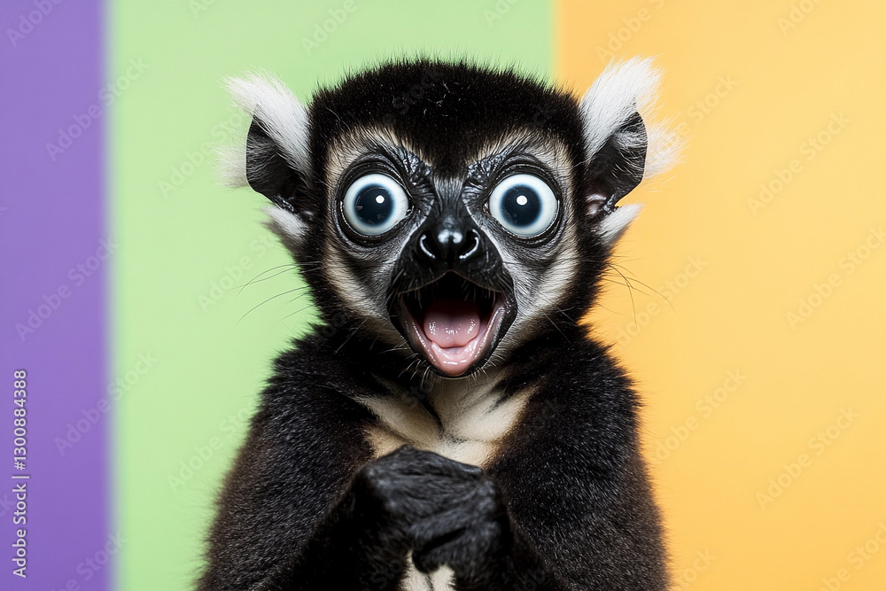 Fototapeta premium Surprised lemur with wide eyes in colorful backdrop. Generative AI