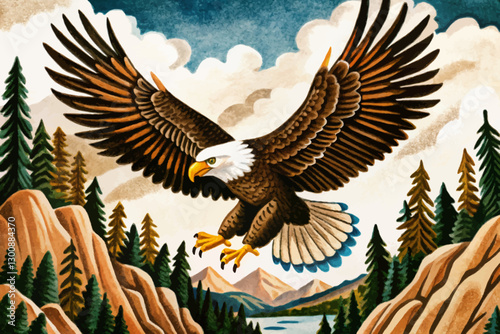 eagle flying in savanna landscape abstract cartoon illustration