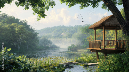 Serene lake surrounded by lush greenery with a wooden gazebo offering a peaceful escape into nature perfect for relaxation and meditation