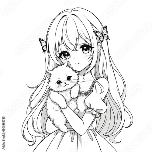 A beautifully drawn black-and-white anime-style illustration of a cute girl holding a fluffy puppy. The girl has long,