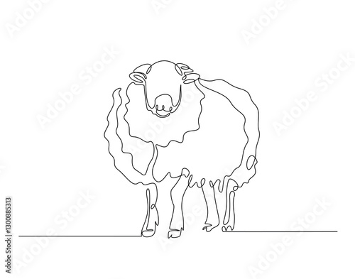 Domestic sheep simple line art illustration. Continuous one line draw of sheep animal.