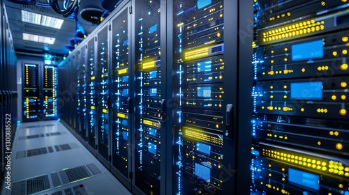 Modern data center with server rows.