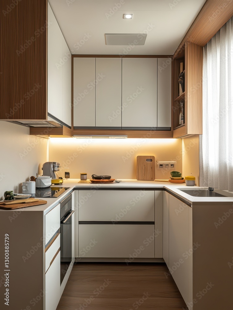 This is a modern u shaped kitchen with cabinet storage This is a modern u shaped kitchen with cabinet storage