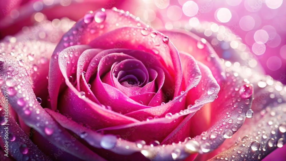 Closeup Pink Rose with Water Droplets - Pink Background Closeup Pink Rose with Water Droplets - Pink Background