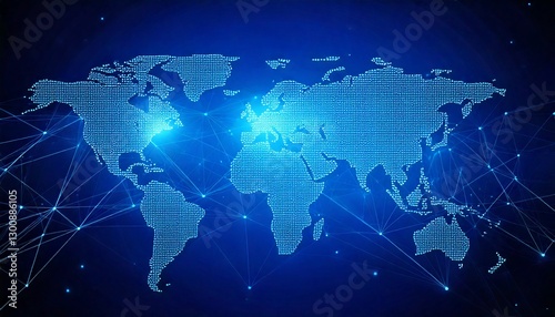 Minimal abstract background with a world map outline, glowing network connections, and gradient blue tones, symbolizing global connectivity and business growth.
