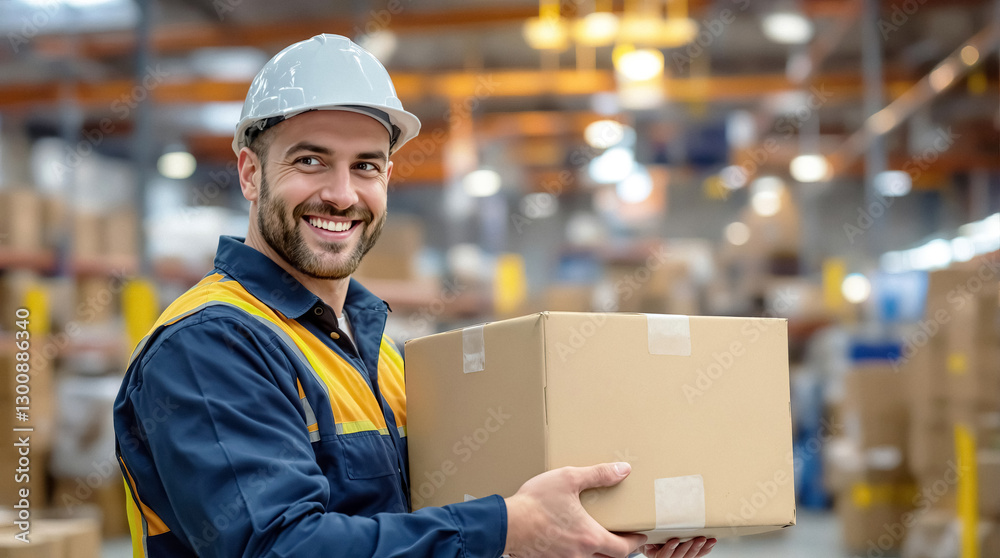 Smiling warehouse worker in safety gear holding cardboard box in distribution center Smiling warehouse worker in safety gear holding cardboard box in distribution center