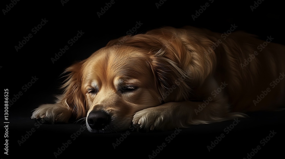 Golden retriever resting calmly against dark background high resolution picture Golden retriever resting calmly against dark background high resolution picture