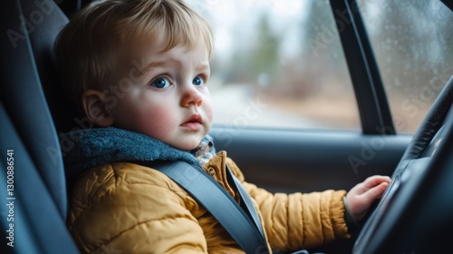 Toddler boy trying to look out window while riding in car seat