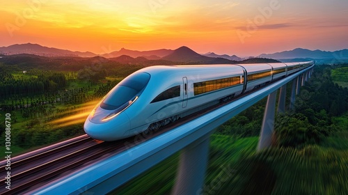 Wallpaper Mural High speed train on an elevated railway bridge passing through green landscapes at sunset with a scenic view Torontodigital.ca