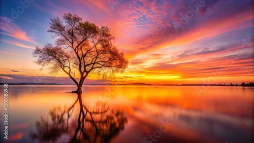 Serene Sunset Silhouette A solitary tree stands elegantly in tranquil waters, mirrored perfectly, as the vibrant sky blazes with fiery hues of a breathtaking sunset.