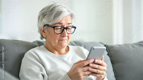 Senior woman with gray hair wearing glasses uses mobile phone while sitting on gray sofa indoors