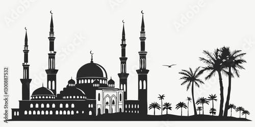 Muslim cityscape black monochrome silhouette background vector illustration. Islamic city skyline with mosque and minaret Arabic architecture panorama. Oriental building landmark Eastern religion on w