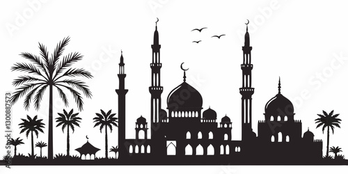 Muslim cityscape black monochrome silhouette background vector illustration. Islamic city skyline with mosque and minaret Arabic architecture panorama. Oriental building landmark Eastern religion on w