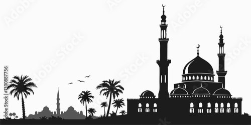 Muslim cityscape black monochrome silhouette background vector illustration. Islamic city skyline with mosque and minaret Arabic architecture panorama. Oriental building landmark Eastern religion on w