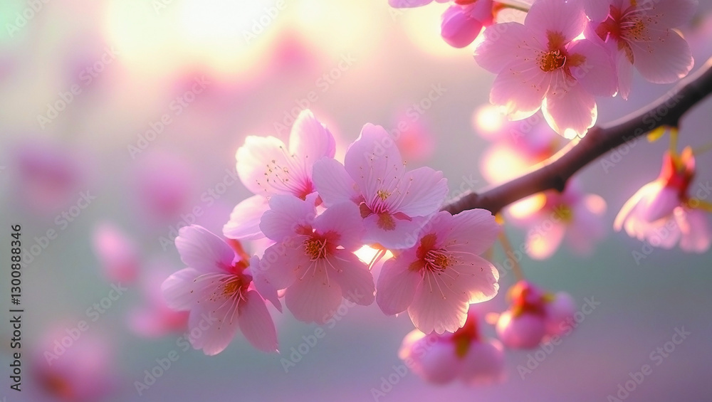 Obraz premium Cherry blossom branch with pink flowers on blurred spring background, soft light and pastel tones