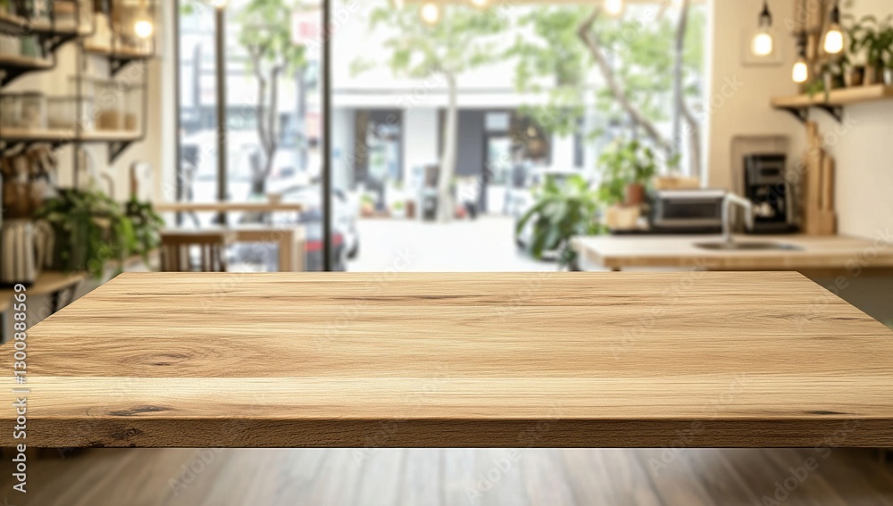 Empty Light Brown Wooden Tabletop in a Bright Cafe Setting Empty Light Brown Wooden Tabletop in a Bright Cafe Setting