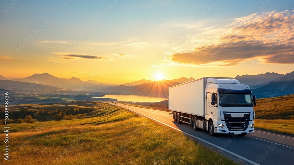 Obraz premium A white truck with cargo trailer driving along scenic road at sunset, surrounded by mountains and lake. vibrant colors of sky create serene atmosphere