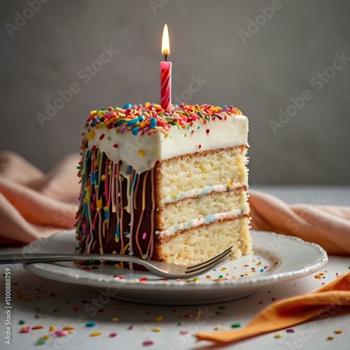 Slice of birthday cake with candle