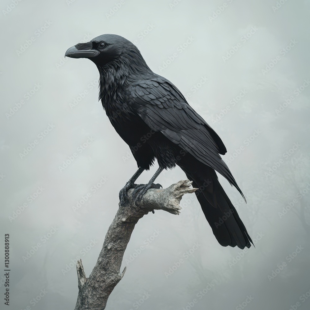 Fototapeta premium Majestic Black Raven Perched on a Branch in Enigmatic Landscape