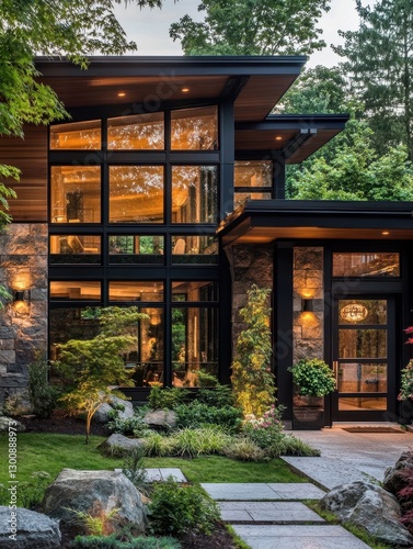 A Modern House with Large Windows and Greenery