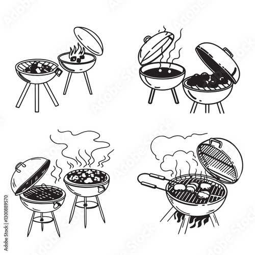 BBQ Grill icons vector. BBQ grill isolated. Barbecue brazier with smoke. Kebab, a grilled food concept