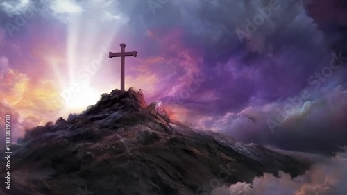 Christian cross on mountain peak at sunset. Spiritual video for Easter, Good Friday, or Christmas. Dramatic sky with divine light. Faith concept.