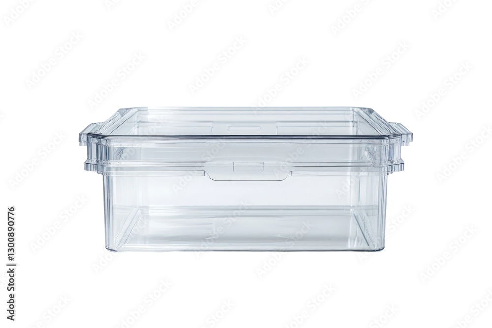 Transparent plastic storage container isolated against a black background. Rectangular shape with a clear lid and clasps. Minimalist design ideal for organization. Studio shot. Selective focus Transparent plastic storage container isolated against a black background. Rectangular shape with a clear lid and clasps. Minimalist design ideal for organization. Studio shot. Selective focus