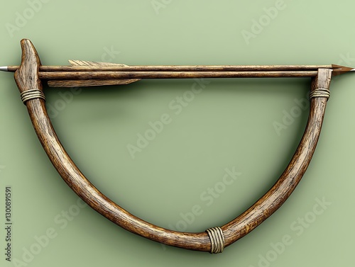 Ancient crossbow with arrow displayed on green backdrop