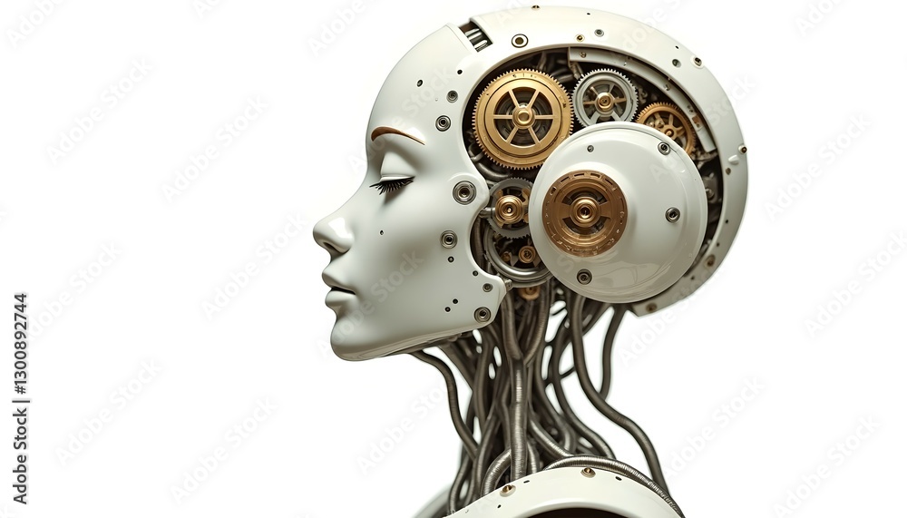 Obraz premium Futuristic Cybernetic Female Android with Mechanical Gears
