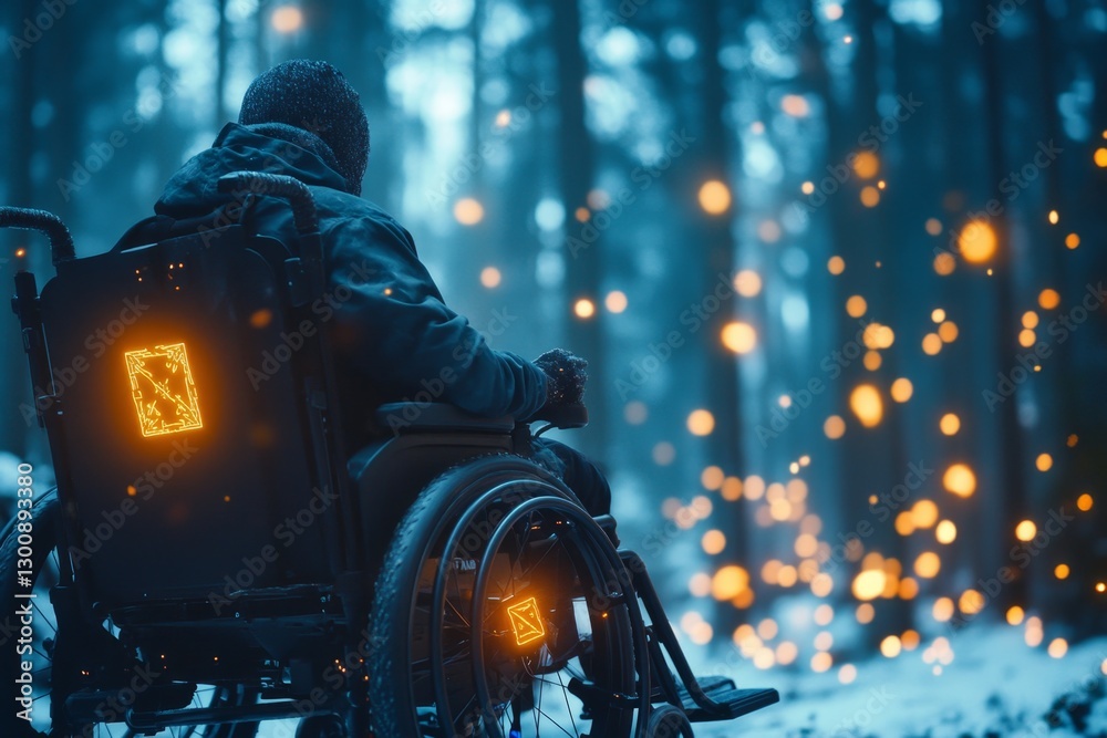 Fototapeta premium A magical powered wheelchair glowing with enchanted runes, its user navigating through a mystical forest filled with sparkling lights