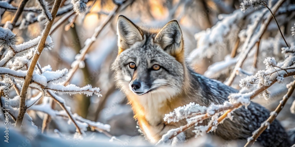 Obraz premium Drone Photography: Grey Fox in Winter Woodland - Aerial View of Twigs and Wildlife