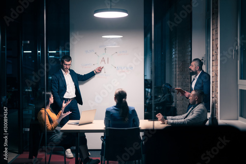 Diverse business team in modern office during a late-night meeting. Professional discussion on artificial intelligence strategy. Concept of corporate teamwork, innovation, and AI technology.