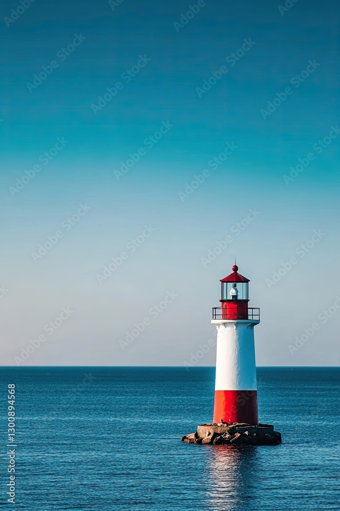 Fototapeta premium Lone lighthouse standing in calm blue ocean under a clear sky creating a serene and minimalistic maritime scene