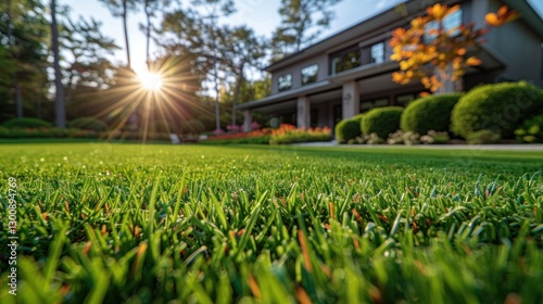 A well manicured lawn with a house and sun in the background