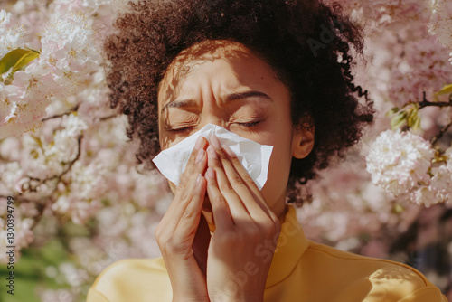 Pollen allergy concept with sneezing black woman and blooming tree with white flowers in background