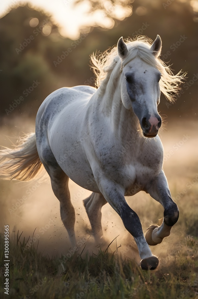Fototapeta premium Majestic White Horse Galloping at Sunset – Power and Freedom