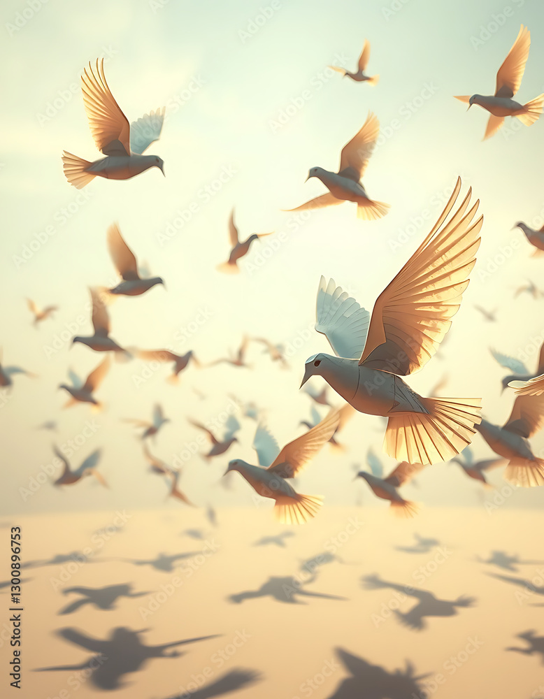 Obraz premium A Flock of Doves Soaring in a Golden Sunset Sky: A Symbol of Peace and Tranquility