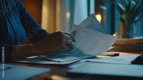 Woman reviewing paperwork at night in dimly lit office environment
