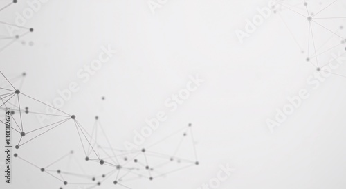 A minimalist, grayscale image featuring a complex network of interconnected dots and lines on a bright white background