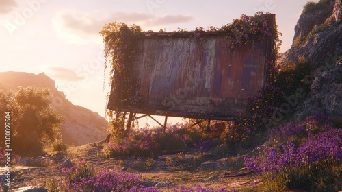 An abandoned billboard overgrown with flowers in a serene landscape during sunset.