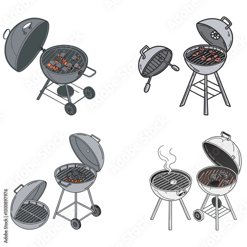 BBQ Grill icons vector. BBQ grill isolated. Barbecue brazier with smoke. Kebab, a grilled food concept